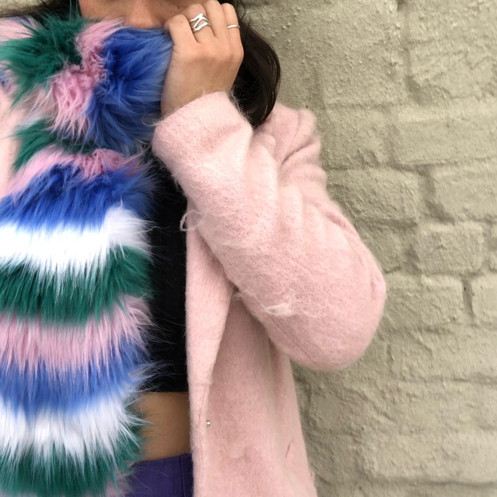 Vintage Multi Colorful Striped Faux Fur Scarf